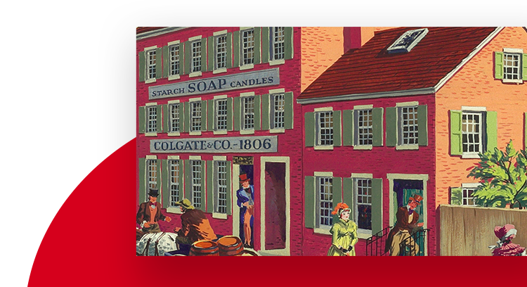 Watercolor painting of the storefront of Colgate's original soap business in 1806