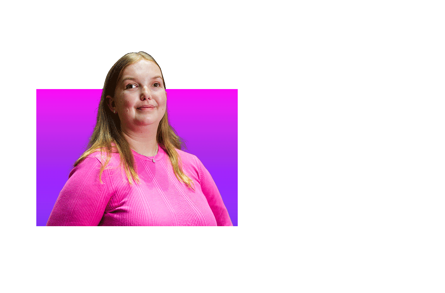 Natalie, BBC employee wearing bright pink top. 